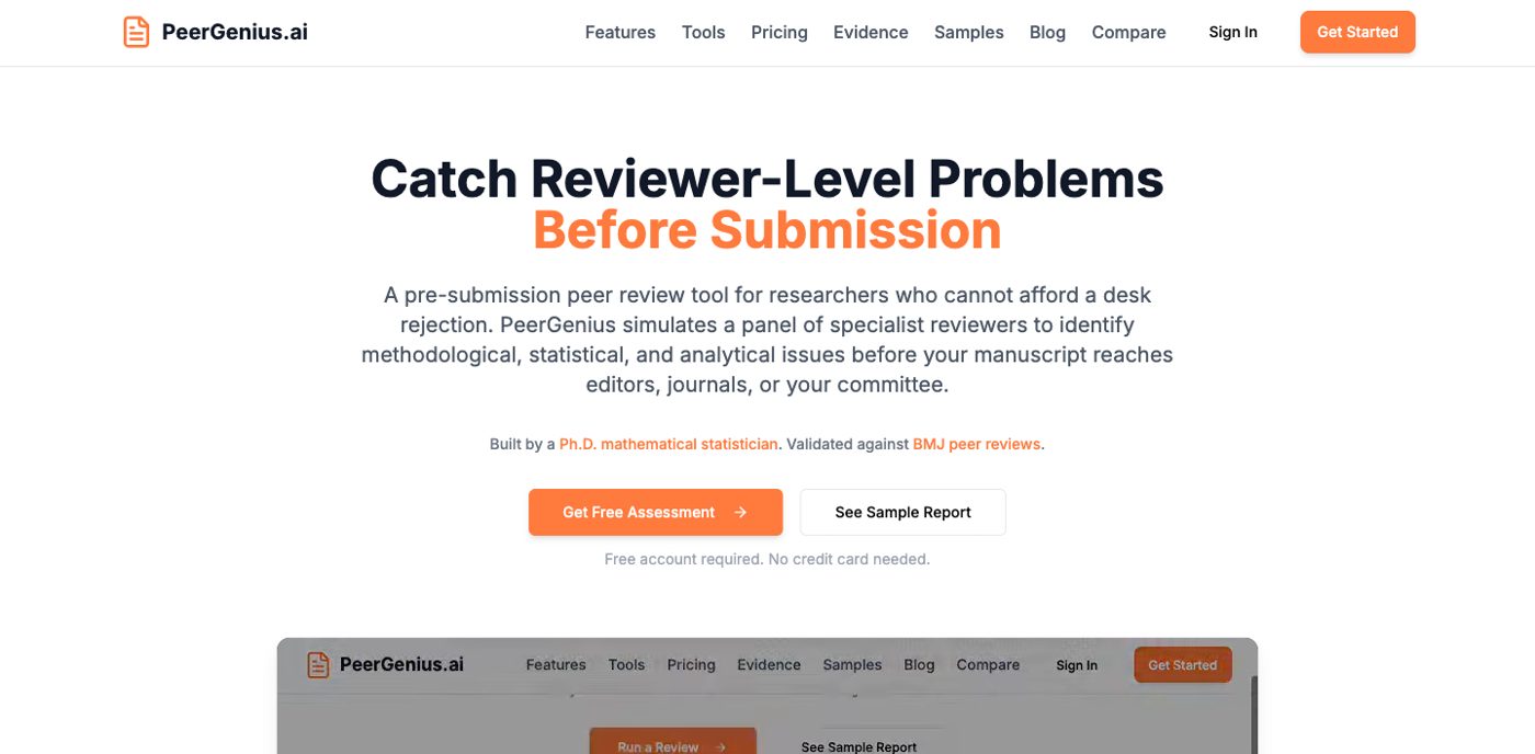 PeerGenius homepage showing the pre-submission review tool